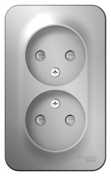 Schneider Electric  BLANCA  Алюмин.  Розетка 2-местная без заземляющих контактов со шторками изолирующая пластина16А,250В, открытая установка BLNRA001213