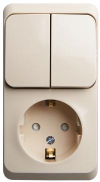 Schneider Electric  ЭТЮД  Крем  Блок: Розетка с заземляющими контактами со шторками + выключатель 2-клавишный открытая установка BPA16-202K