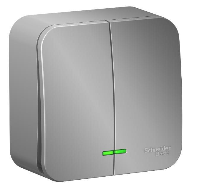 Schneider Electric  BLANCA  Алюминий.  Выключатель 2-клавишный (cхема.5) с подсветкой изолирующая пластина, 10А, 250B, открытая установка  BLNVA105113