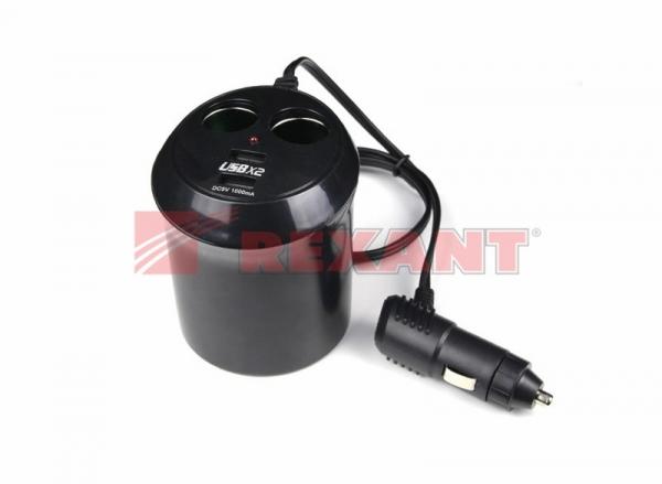 Разветвитель автоприкуривателя REXANT W228 стакан 2гн 2хUSB (5V 1 000mA) 16-0228 16-0228