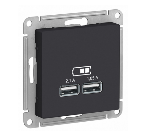 Schneider Electric AtlasDesign Карбон  Розетка USB, 5В, 1 порт x 2,1 А, 2 порта х 1,05 А, механизм ATN001033