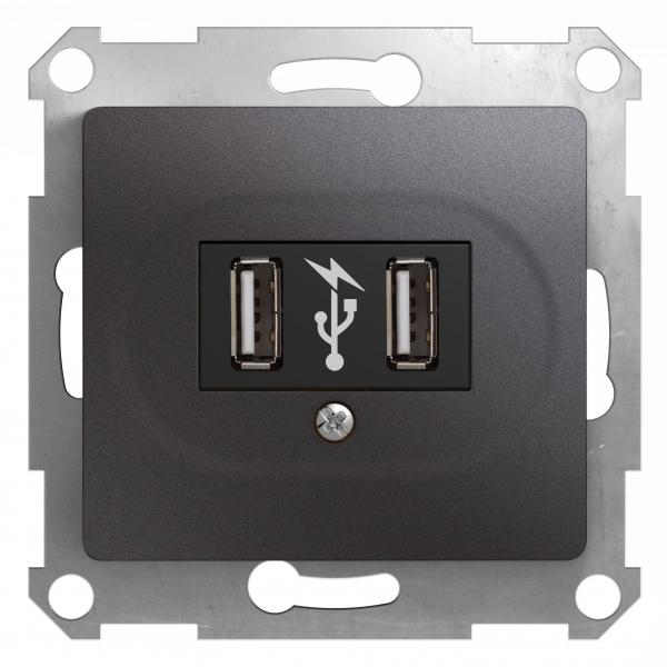 Schneider Electric Glossa Графит Розетка USB, 5В /1400 мА, 2 х 5В /700 мА, механизм IP20 скрытая установка GSL001332