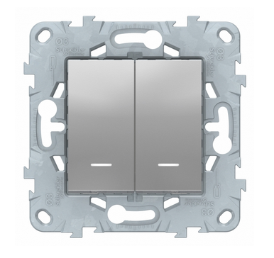 Schneider Electric Unica NEW Алюминий Переключатель 2-клавишный, 2 модуля,с подсветкой 2 х схема 6а, NU521330N