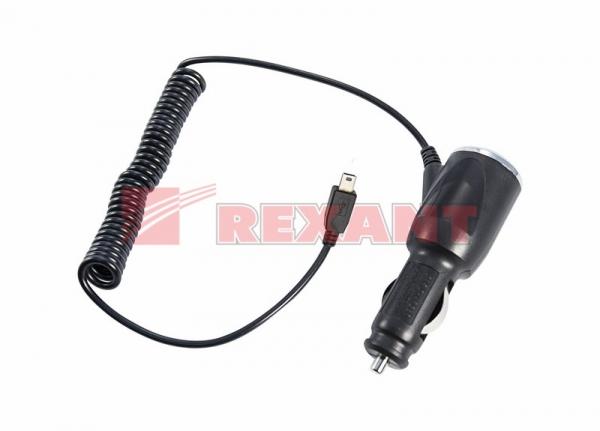 Автозарядка в прикуриватель miniUSB (АЗУ) (5V, 1000mA) шнур спираль 1.5М черная REXANT 16-0240-1