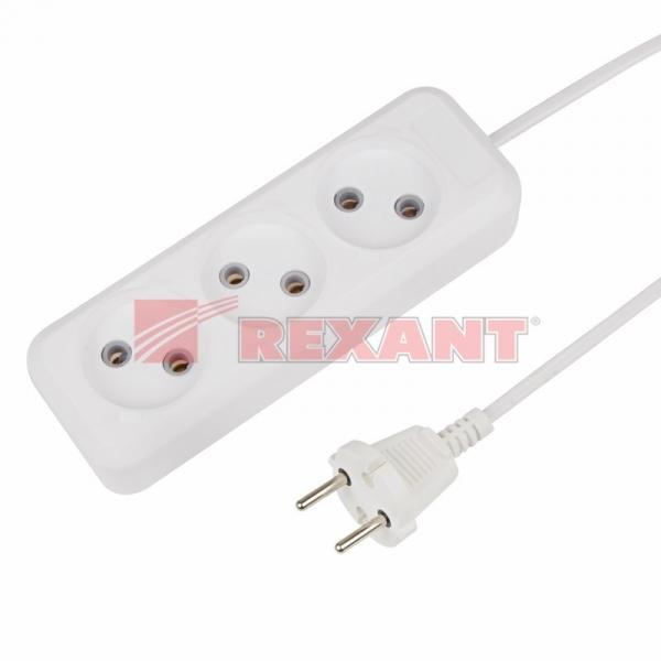 Удлинитель 3 гнезда  3м  2х0.75  белый  REXANT  (Сделано в РОССИИ) 11-2203