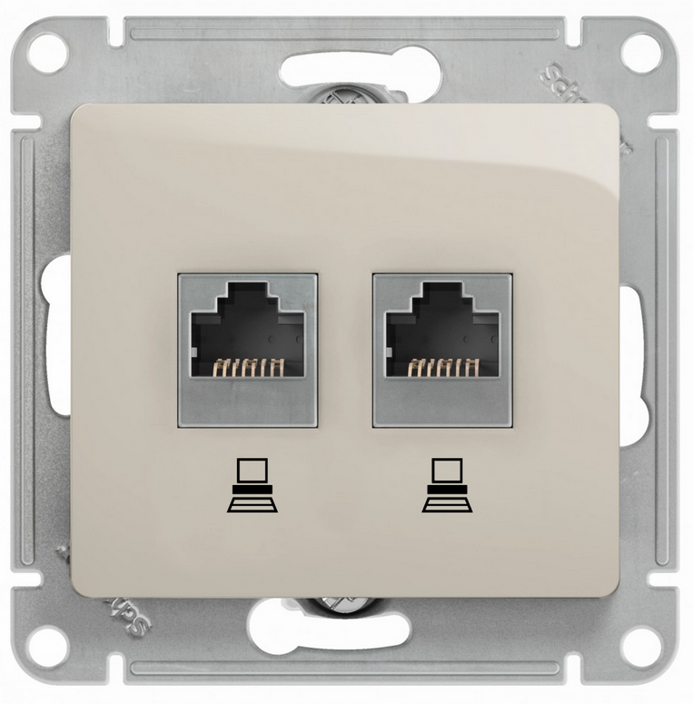 Schneider Electric Glossa Молочный Розетка 2-местная компьютерная RJ45+RJ45, категория 5E, механизм IP20 скрытая установка GSL000985KK