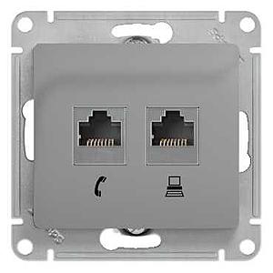Schneider Electric Glossa Алюминий Розетка 2-местная RJ11+RJ45, категория 5E, механизм IP20 скрытая установка GSL000385