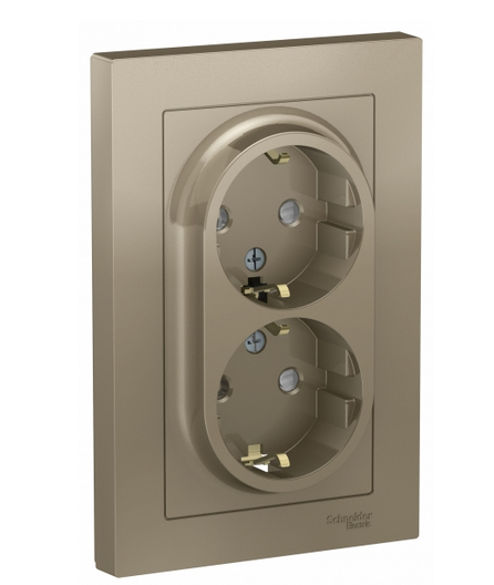 Schneider Electric AtlasDesign Шампань  Розетка 2-местная с заземляющими контактами со шторками 16А, в сборе ATN000526
