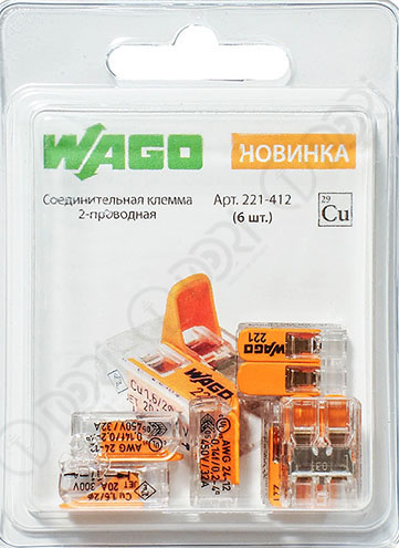 Клемма 2-проводная прозрачная 2*0,2-4/4 кв.мм. (упак. 6шт) 2560 Wago 221-412