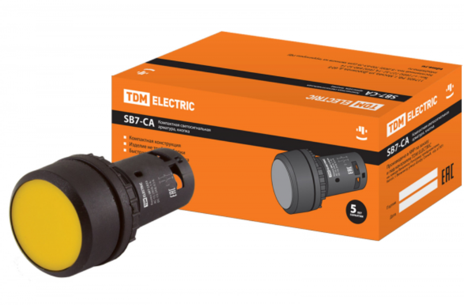 Кнопка SB7-CA55 d22мм 1з+1р желтая TDM